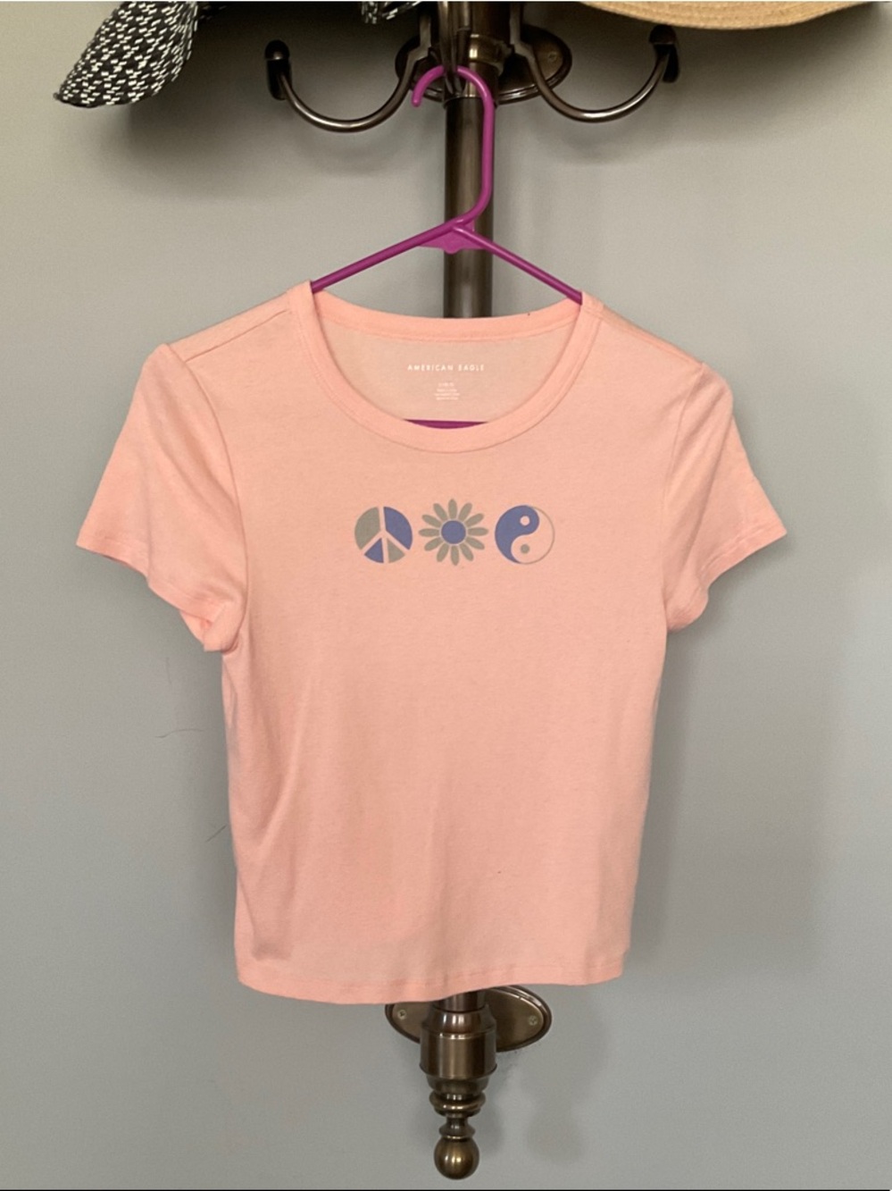 American Eagle Outfitters Light Pink Graphic Tee with Peace, Flower & Yin Yang